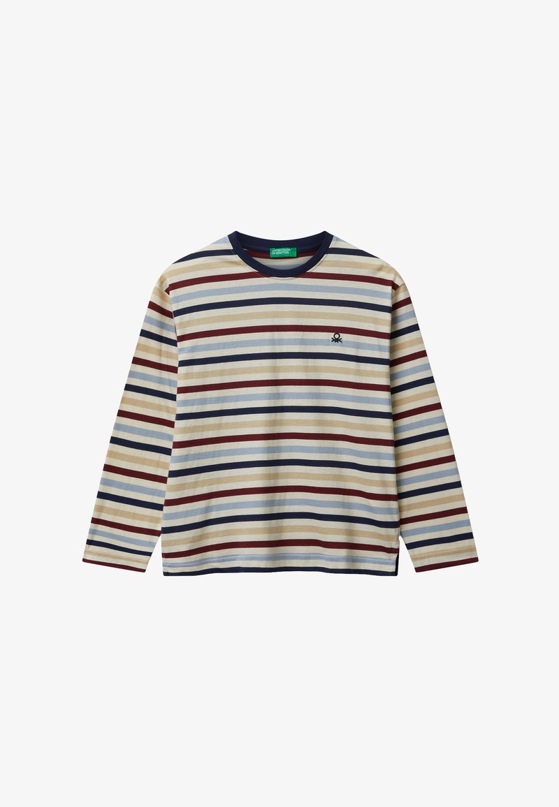 Pruhované tričko s dlouhým rukávem v krémové, námořnické a vínové barvě. Má kulatý výstřih a malé vyšívané logo na hrudi. Měkká struktura látky.