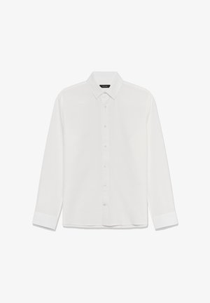 Weißes Hemd mit langen Ärmeln, durchgeknöpfter Vorderseite, spitzem Kragen und Standardmanschetten. Hergestellt aus einem glatten Stoff mit einfacher Textur.