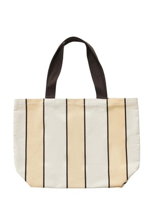 Rechthoekige canvas draagtas met afwisselend beige en gebroken witte verticale strepen en twee donkerbruine handvatten.