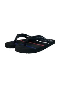 Infradito neri con fasce in tessuto testurizzato, dotate di strisce rosse e blu sulla suola. Logo visibile sulla fascia. Design leggero.