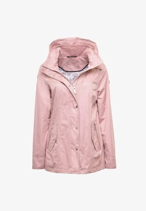 Chaqueta impermeable rosa claro con capucha, cremallera frontal y botones a presión, dos bolsillos con cremallera y botones, y forro blanco estampado.
