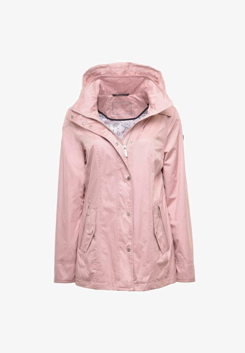 Veste imperméable rose clair avec capuche, fermeture éclair avant et boutons-pression, deux poches zippées et à boutons, et doublure imprimée blanche.