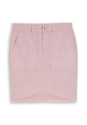 Jasnoróżowa spódnica z denimu z przednimi naszywanymi kieszeniami, szlufkami na pasek, zamkiem błyskawicznym i pojedynczym guzikiem w pasie.