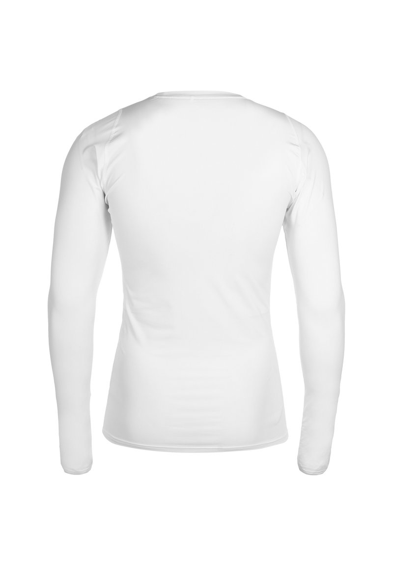 Vista trasera de una camisa de manga larga ajustada de color blanco sobre un fondo blanco liso.