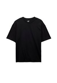 Sort bomulds T-shirt med korte ærmer, rund hals og en afslappet pasform. Glat tekstur og enkelt design uden synlige mønstre eller detaljer.