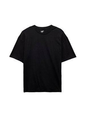 Schwarzes Baumwoll-T-Shirt mit kurzen Ärmeln, Rundhalsausschnitt und lockerer Passform. Glatte Textur und schlichtes Design, ohne sichtbare Muster oder Akzente.