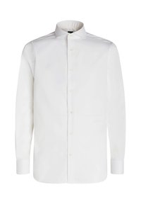 Bela srajca s gumbi, izdelana iz gladkega materiala, s standardnim ovratnikom, dolgimi rokavi in ravnim robom z minimalnimi detajli.