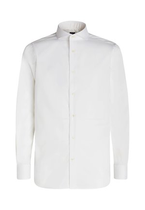 Weißes Hemd mit Knöpfen, aus glattem Stoff, mit einem Standardkragen, langen Ärmeln und einem geraden Saum mit minimaler Detailierung.