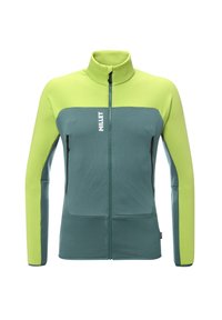Men’s zip-up fleece jacket with high collar, lime green upper and sleeves, teal body, and zippered side pockets.