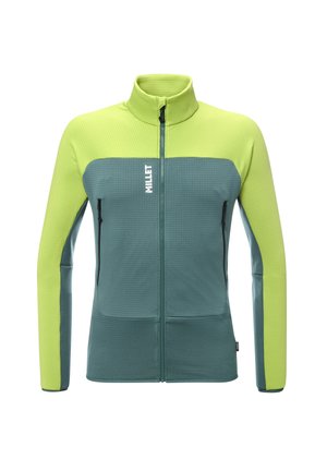Herren Fleece-Jacke mit Reißverschluss und hohem Kragen, oberer Teil und Ärmel in Limettengrün, Körper in Teal und mit seitlichen Reißverschlusstaschen.