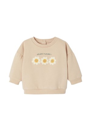 Hellbeige Sweatshirt mit drei gestickten Blumen und dem Text "JOLIES FLEURS!" Weicher Stoff, Rundhals und Puffärmel.