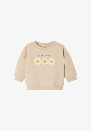 Light beige sweatshirt with three embroidered flowers and the text "JOLIES FLEURS!" Soft fabric, round neck, and puffed sleeves.