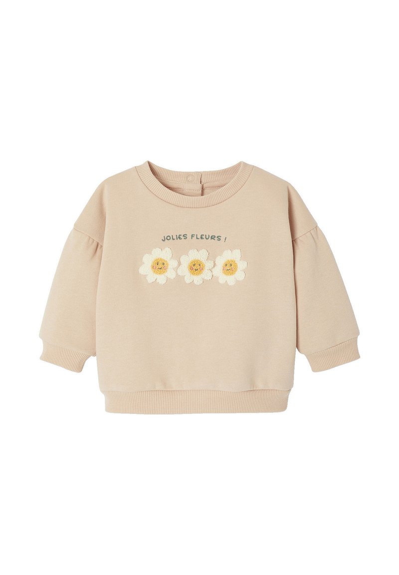 Hellbeige Sweatshirt mit drei gestickten Blumen und dem Text "JOLIES FLEURS!" Weicher Stoff, Rundhals und Puffärmel.