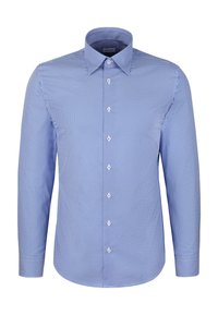 Koszula na guziki z długim rękawem w jasnoniebieskim kolorze z geometrycznym wzorem, z klasycznym kołnierzykiem i białymi guzikami. Materiał z mieszanki bawełny.