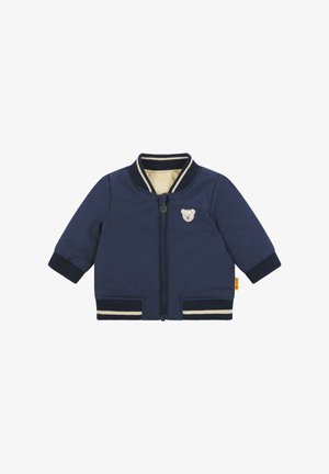 Navy blue children's bomber jacket with a front zipper, bear applique on left chest, and striped ribbed cuffs and hem. Lined interior.