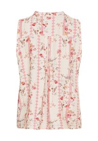 Blomstrede ærmeløse top i lys beige med pink diamantmønster, der har blødt stof, plisseringer bagtil og små dekorative blomsteraccenter.