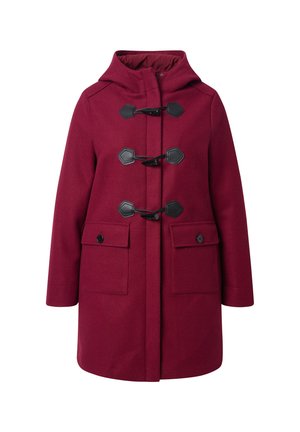 Manteau en laine bordeaux avec capuche, doté de fermetures à bascule noires, de deux poches avant et d'une coupe droite. Texture lisse et design chaud.