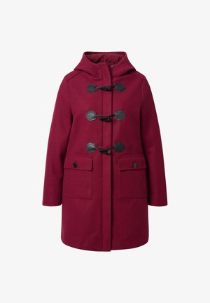 Bordeaux wollen jas met een capuchon, voorzien van zwarte togglesluitingen, twee voorzakken en een recht model. Glad textuur en warm ontwerp.