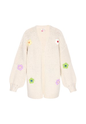 Cardigan tricotat gros în crem, cu manșete tip balon, prezentând aplicații florale în galben, roz și verde. Design deschis în față.