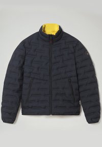 Giacca puffer blu navy con colletto alto, fodera interna gialla, chiusura con zip frontale e due tasche laterali con zip. Superficie testurizzata.