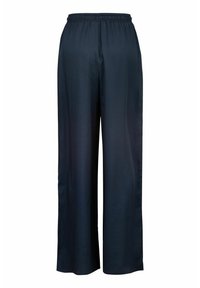 Hochtaillierte weit geschnittene Hosen in dunklem Marineblau, aus glattem Stoff, mit einem elastischen Bund und ohne Taschen oder Verzierungen.