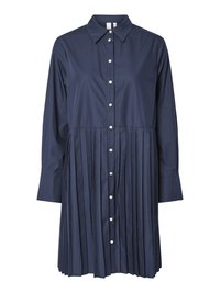 Navy blue shirt dress with a collar, full-length sleeves, button-down front, and pleated skirt section. Made of smooth fabric with a structured design.