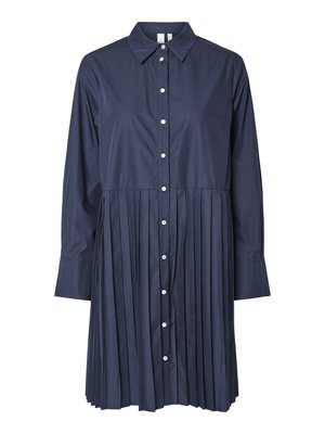 Navy blue shirt dress with a collar, full-length sleeves, button-down front, and pleated skirt section. Made of smooth fabric with a structured design.