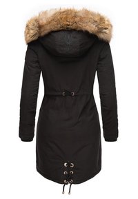 Black parka jacket with a removable faux fur hood, adjustable waist drawstring, and lace-up detailing at the hem and cuffs.