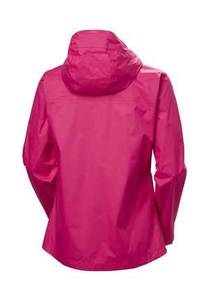 Jasně růžová voděodolná bunda s připojenou kapucí, dlouhými rukávy a mírně rozšířeným lemem, zobrazena zezadu na bílém pozadí.