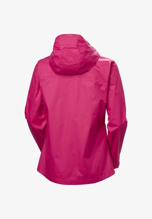 Jasně růžová voděodolná bunda s připojenou kapucí, dlouhými rukávy a mírně rozšířeným lemem, zobrazena zezadu na bílém pozadí.