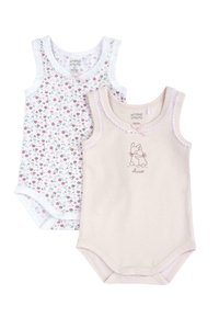 Deux bodies pour bébé : l'un avec un imprimé floral sur fond blanc, l'autre beige avec un dessin de lapin et une bordure festonnée.