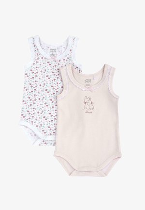 Deux bodies pour bébé : l'un avec un imprimé floral sur fond blanc, l'autre beige avec un dessin de lapin et une bordure festonnée.