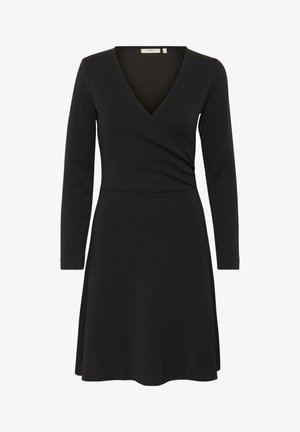 Černé zavinovací šaty s dlouhými rukávy, hlubokým výstřihem do V a áčkovou sukní. Vyrobeno z hladkého, elastického materiálu, který nabízí přiléhavý siluetu.