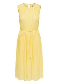 Gelbes ärmelloses Kleid mit vertikalen Falten, Rundhalsausschnitt und einem Bindegürtel in der Taille. Leichter Stoff mit einer glatten Textur.
