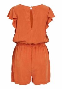 Combinaison orange sans manches avec épaules volantées, taille élastique, fermeture dos à ouverture en forme de goutte, et ourlet court.