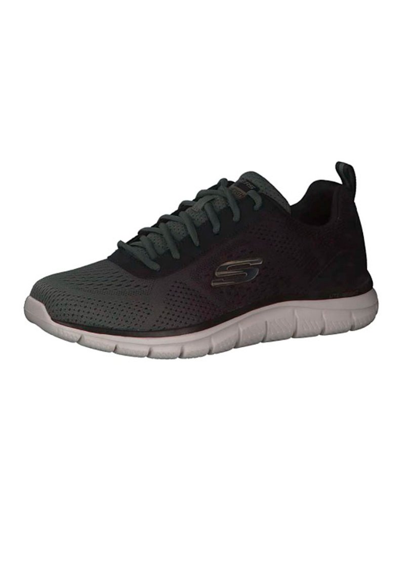 Schwarzer, durchlöcherter Sportschuh mit strukturiertem Obermaterial, dunkelgrünen Schnürsenkeln und einer weißen gepolsterten Sohle mit konturiertem Design.