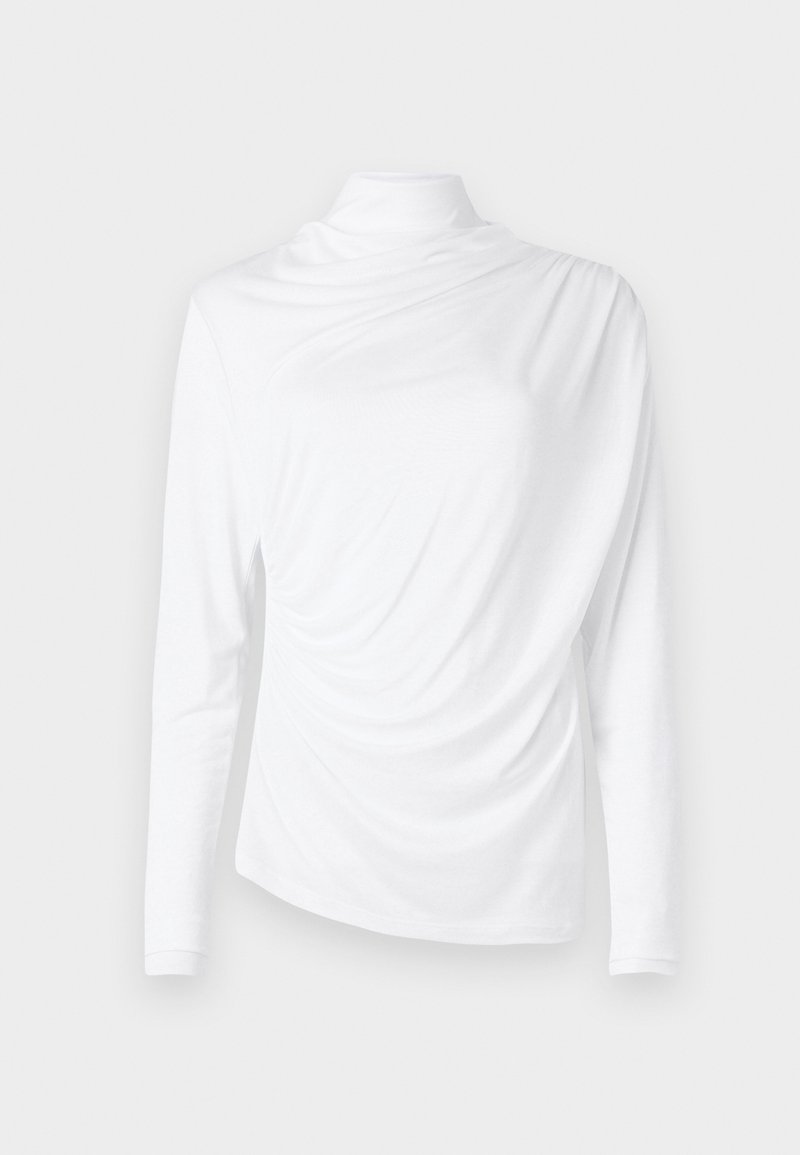 Biała bluzka z długim rękawem, z wysokim kołnierzem, z drapowanym materiałem, miękką teksturą i asymetrycznym przodem. Gładkie wykończenie.