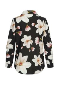 Zwarte shirt met grote witte en roze bloem patronen. Lange mouwen met knoopmanchetten en een klassiek kraagontwerp. Gladde textuur.