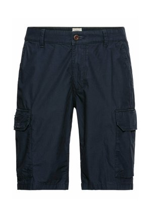 Navy blue cargo shorts made of lightweight fabric, featuring two side pockets and a button closure, with stitch detailing along the seams.