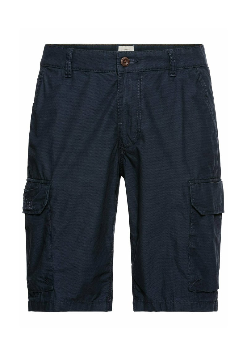 Marineblaue Cargo-Shorts aus leichtem Stoff, mit zwei seitlichen Taschen und einem Knopfverschluss, sowie einer Stichnaht entlang der Nähte.