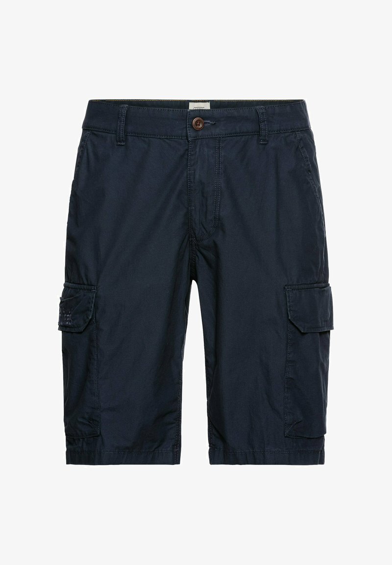 Marineblå cargo shorts lavet af letvægtsstof, med to sidelommer og en knaplukning, samt syninger langs sømmene.