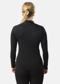 Black long-sleeve top, fitted design, crafted from smooth fabric, features a high collar and seamless shoulders. Back view displayed.