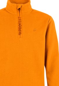 Oranje fleecetrekker met een halflange rits kraag. Heeft een logo op de borst en een merkdetail op de rits. Zachte textuur, casual pasvorm.