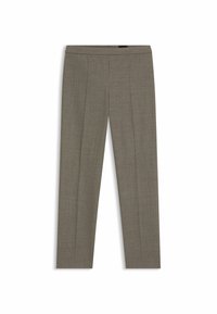 Hose aus einem strukturierten, gedämpften, grünen Stoff; gerade Passform mit zwei vorderen Falten und einem glatten Bund. Ohne sichtbare Taschen.