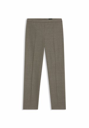 Trousers in a textured, muted green fabric; straight-leg design with two front pleats and a smooth waistband. No pockets visible.