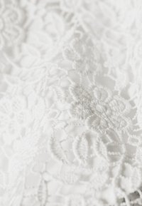 Vitt spetstyg med intrikata blommönster, upphöjda broderidetaljer och en delikat, texturerad yta.