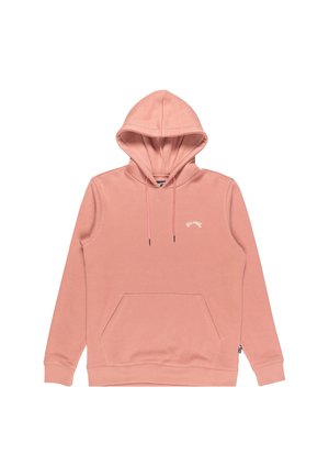 Práškovoružová mikina s kapucňou, predným vreckom, sťahovacou kapucňou a malým bielym logom "Billabong" na ľavej hrudi.