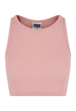 Top court rose côtelé avec un col rond, fabriqué en tissu extensible. Sans manches, il comporte une étiquette à l'intérieur indiquant "URBAN CLASSICS."