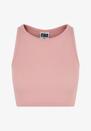 Růžový žebrovaný crop top s kulatým výstřihem, vyrobený z elastického materiálu. Nemá rukávy a uvnitř se nachází štítek s nápisem "URBAN CLASSICS."