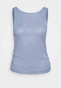 Blue sleeveless tank top with a smooth texture, featuring gathered detail on one side and a round neckline. Made from lightweight fabric.